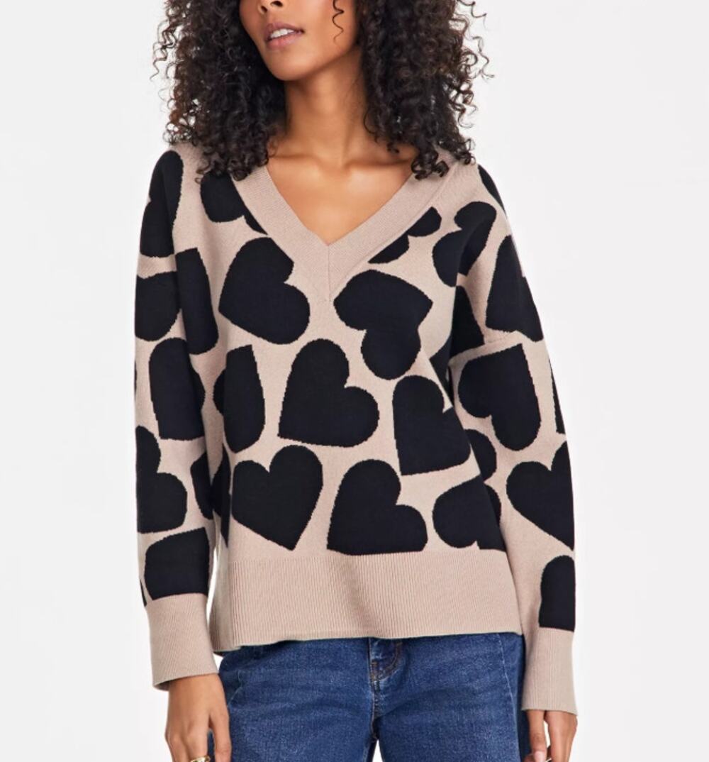 ON 34TH V-Neck Heart Graphic Dropped-Shoulder Sweater Tan Black Womens Size S